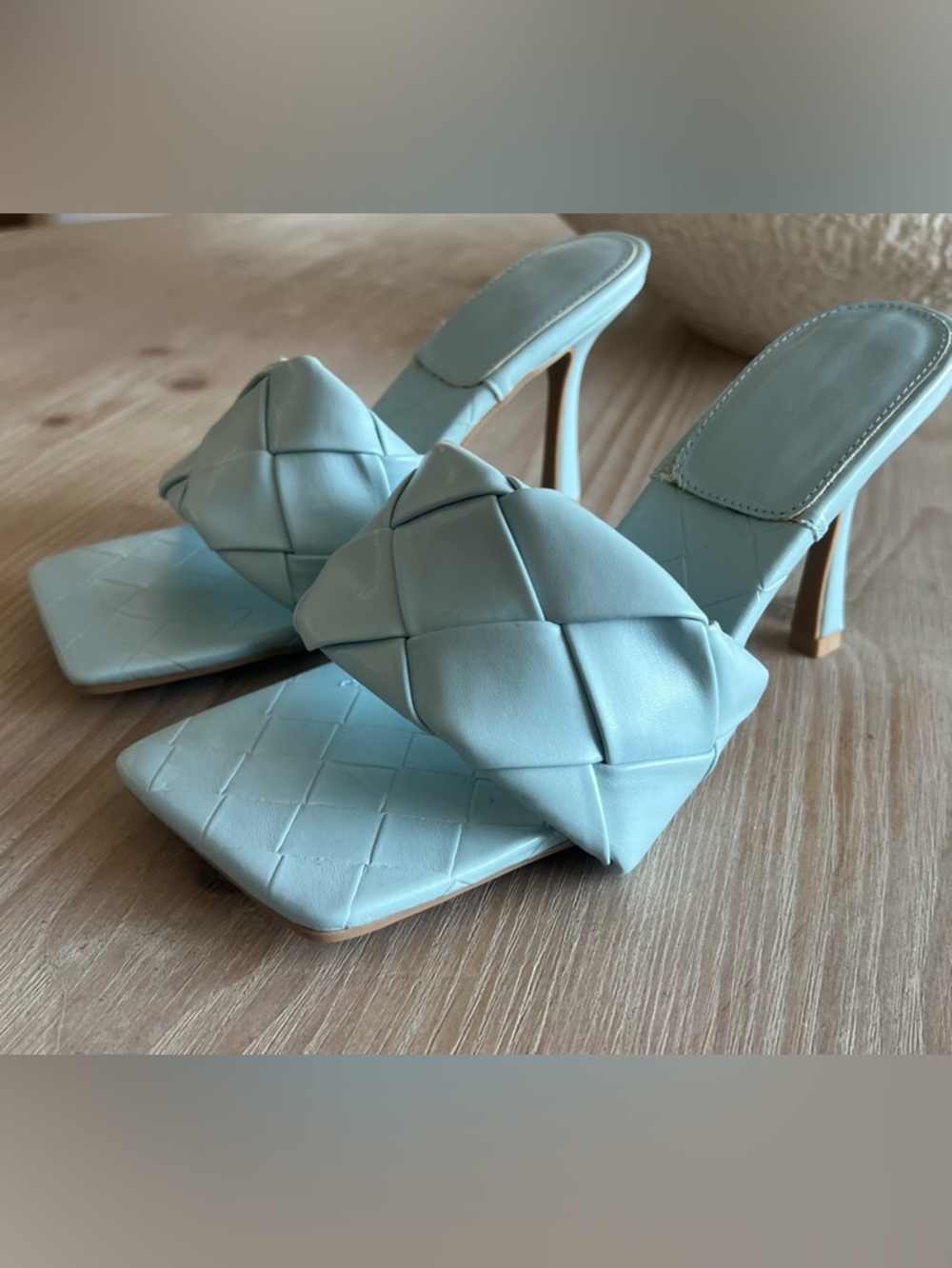 NEW Pastel Blue Braided Square Toe Block Heel Sandals Size 7